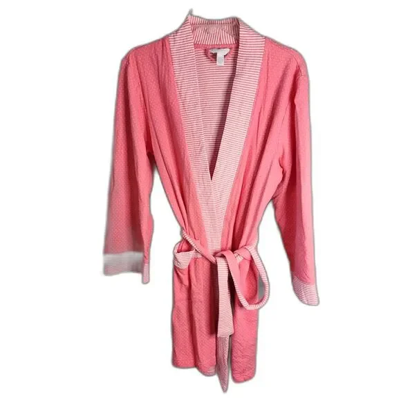Charter Club Pink & White Polka Dot & Striped Bathrobe Size L - Picture 3 of 5